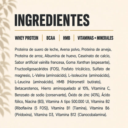 Ingredientes de PRONEW Lavid Pharm con whey protein, BCAA, HMB, vitaminas y minerales