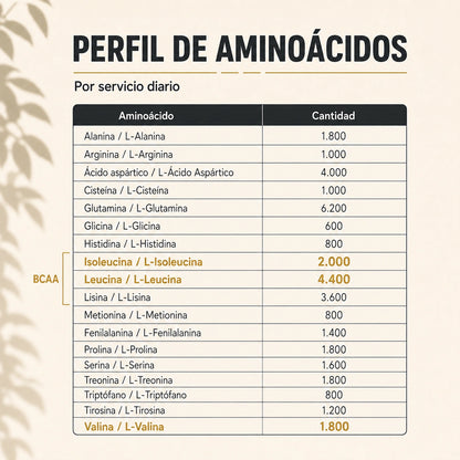 Perfil de aminoácidos de PRONEW Lavid Pharm con BCAA, leucina, isoleucina y valina.