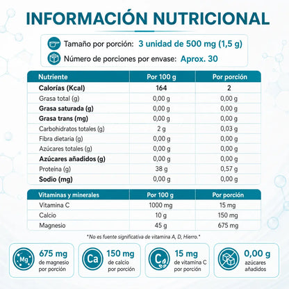 Información nutricional de Magnesio Complex Lavid Pharm con 675 mg de magnesio, 150 mg de calcio y 15 mg de vitamina C por porción.