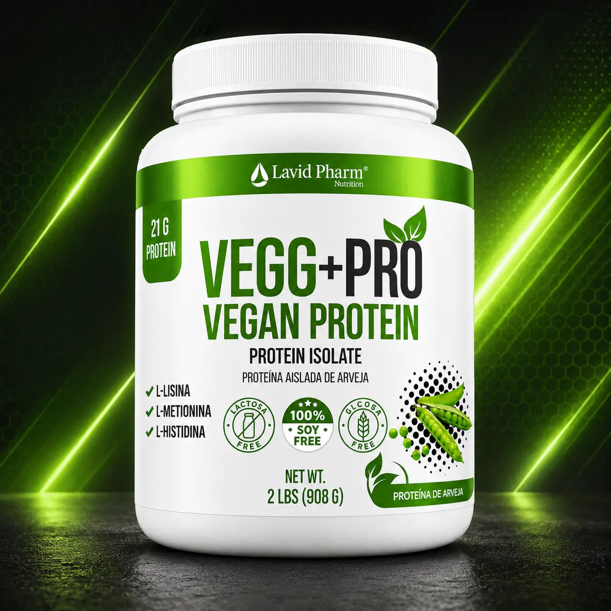 VEGG+PRO Vegan Protein Lavid Pharm, proteína aislada de arveja con 21 g de proteína por porción, presentación de 2 lb.