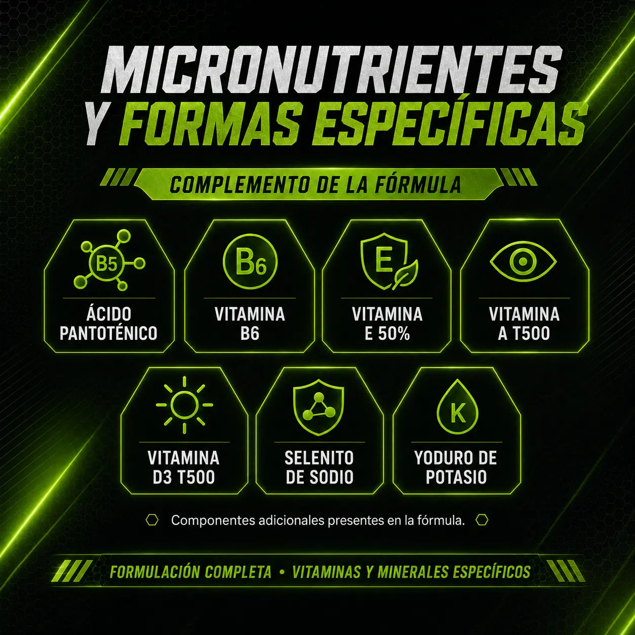 Micronutrientes de VEGG+PRO con ácido pantoténico, vitamina B6, vitamina E 50%, vitamina A T500, vitamina D3 T500, selenito de sodio y yoduro de potasio.