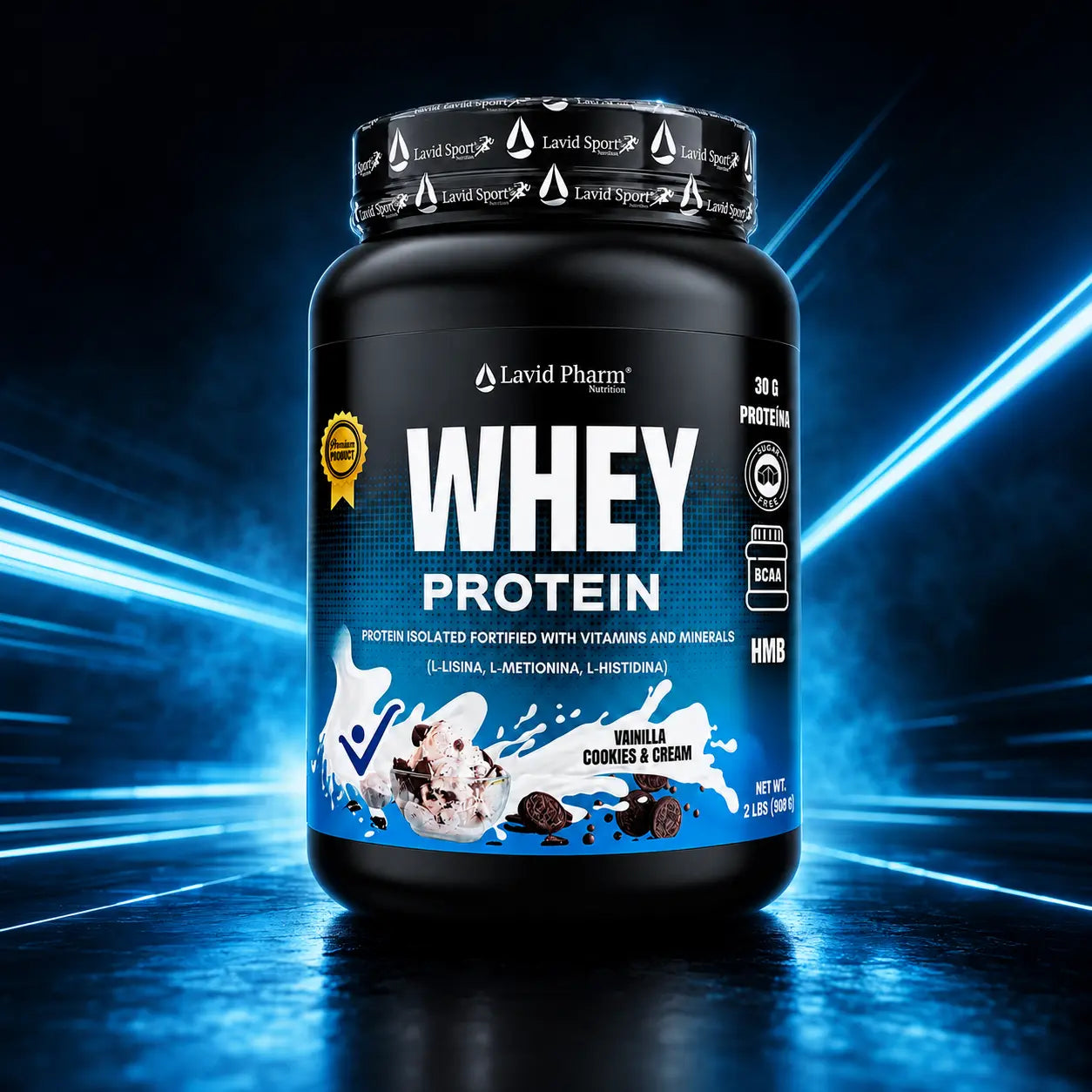 WHEY PROTEIN Lavid Pharm sabor vainilla cookies & cream, proteína fortificada con aminoácidos, HMB, vitaminas y minerales, presentación de 908 g.